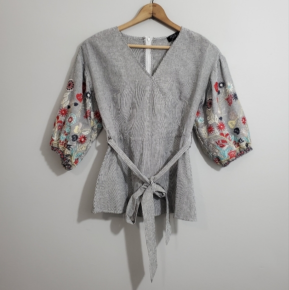Anthro RD + Koko Striped Faux Wrap Embroidered Bell Sleeve Top - Picture 1 of 4